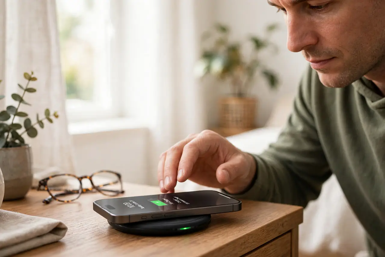 Wireless Charging Too Slow — a calm adult placing a real iPhone on a real wireless charging pad on a nightstand, the phone screen showing t