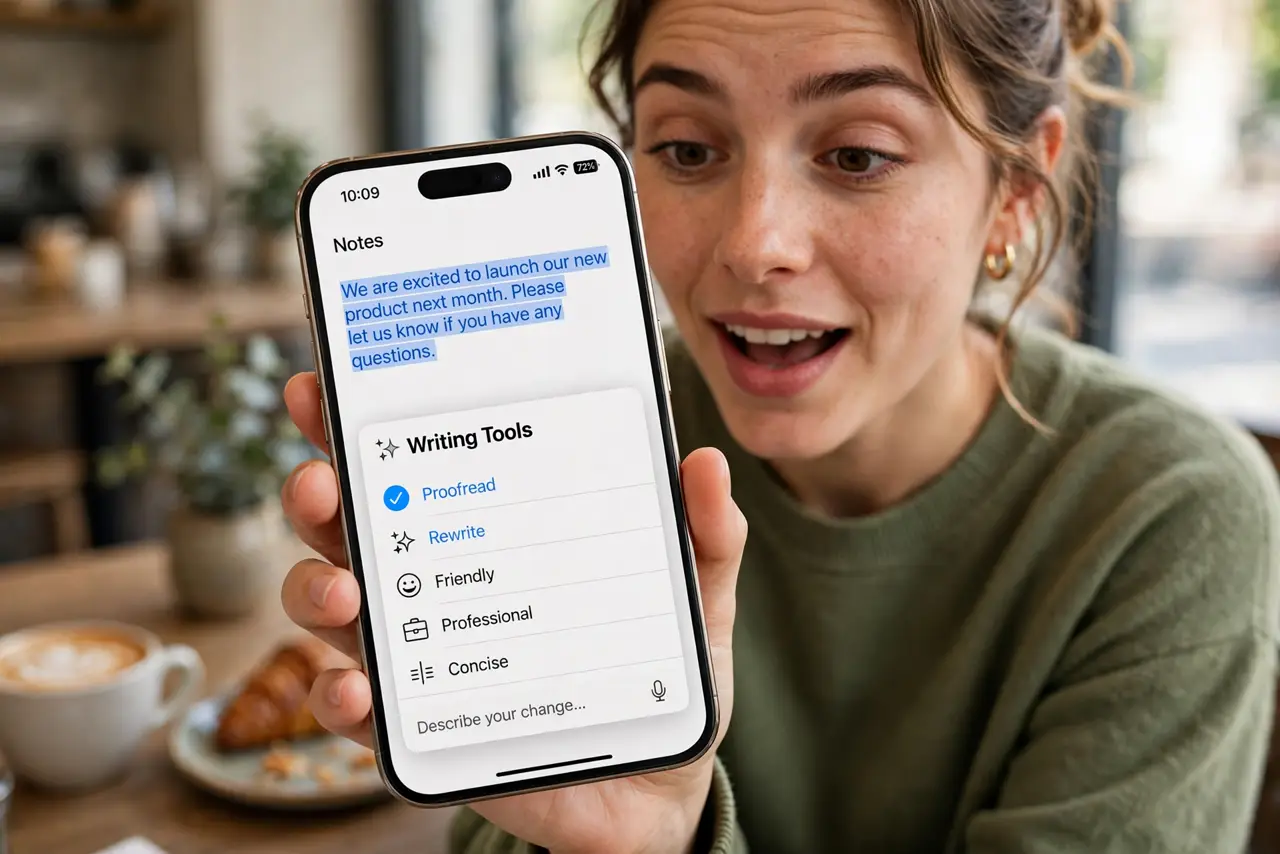 a person holding a real iPhone showing the Writing Tools menu over selected text with legible options, the person's face pleasantly surprised, cafe.