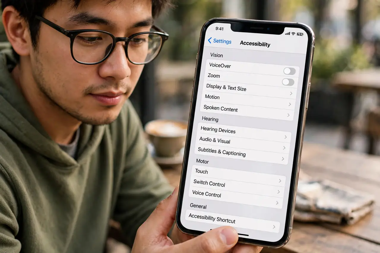 A person calmly performing the guide's first step: Open Accessibility settings.
