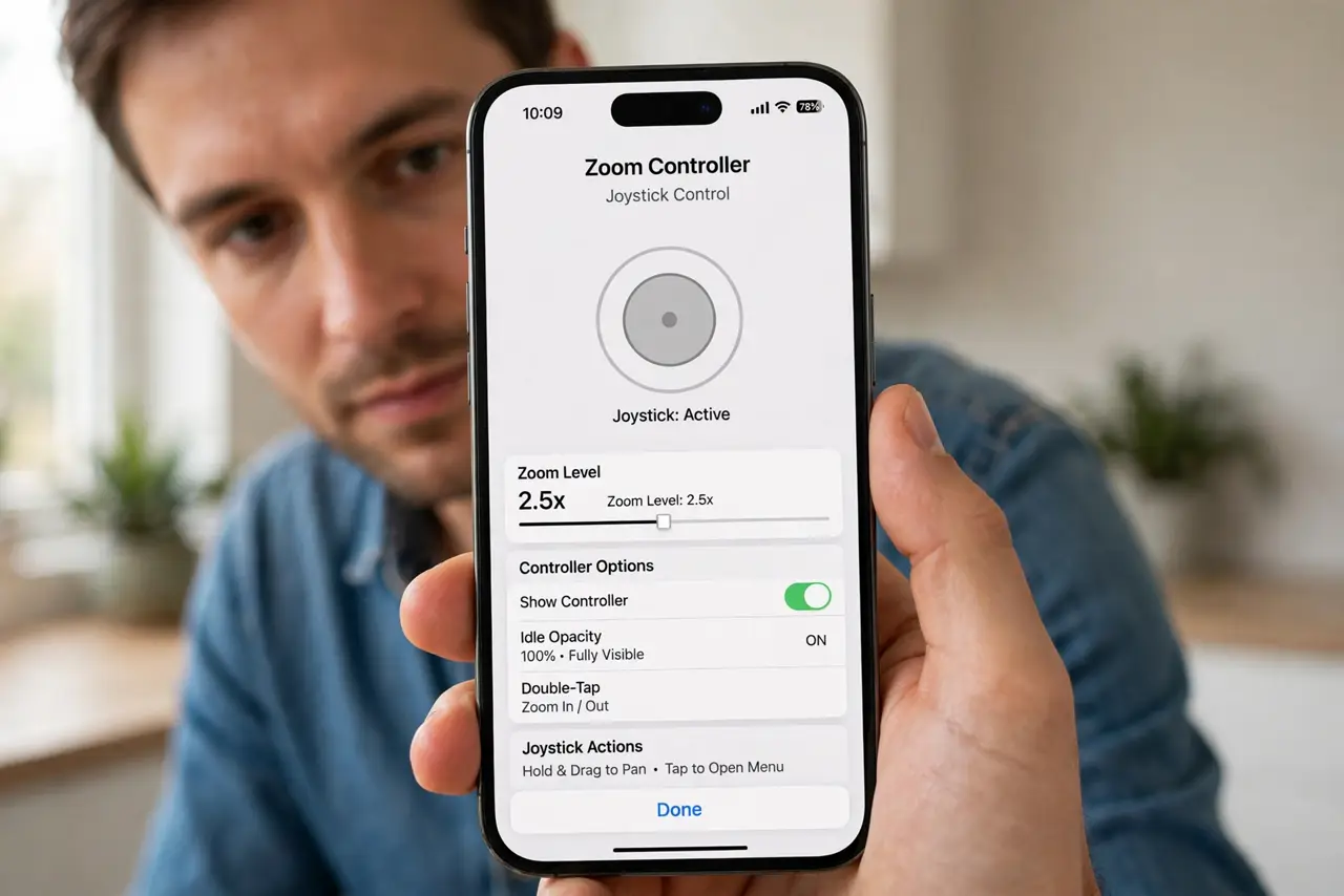 a person holding a real iPhone showing the Zoom Controller joystick with magnified legible text on screen, the person's face focused, bright room. No black screen, no blank white s.