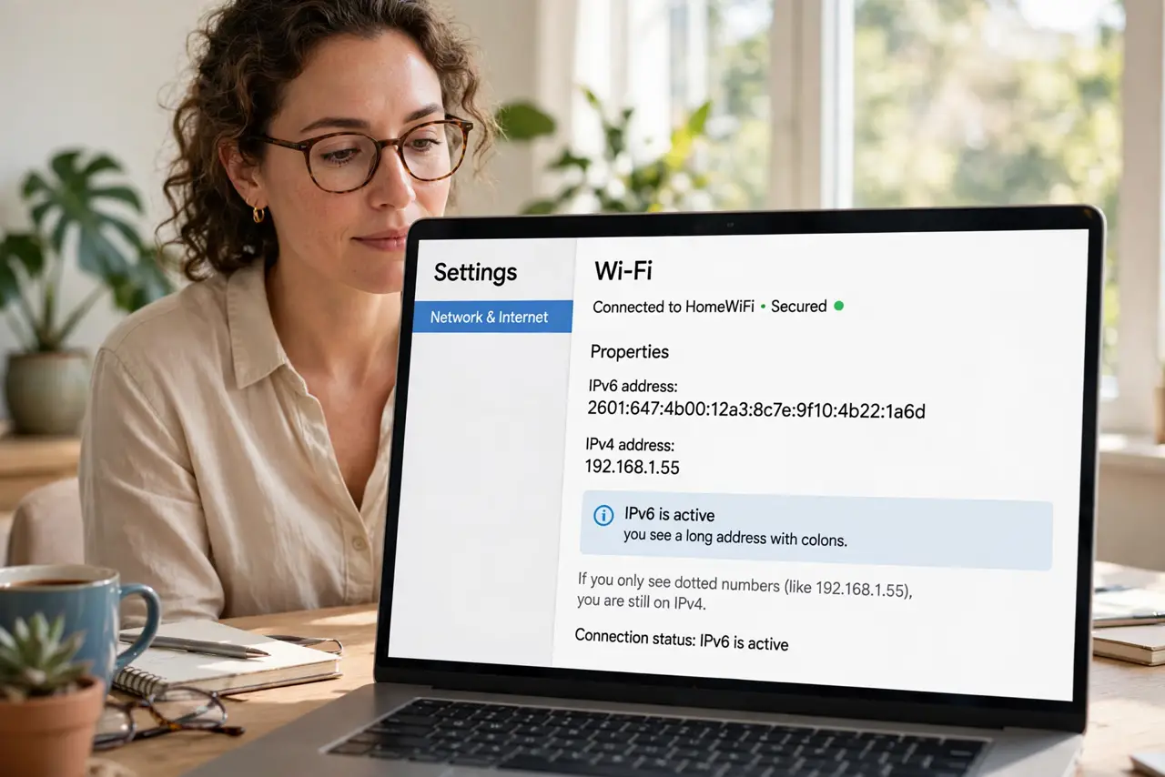 A person performing the first step of the guide: Check whether your connection already uses IPv6. On most devices you can check your current address in the.