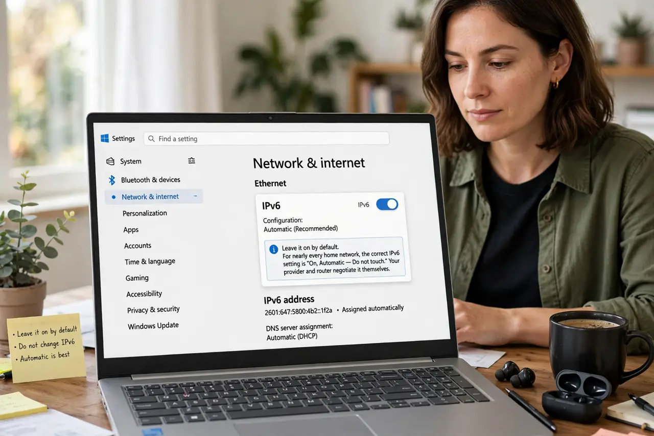 A person performing the guide's first step: Leave it on by default. For nearly every home network, the correct IPv6 setting is 'on, automatic, do not touch.' Your provider and router…