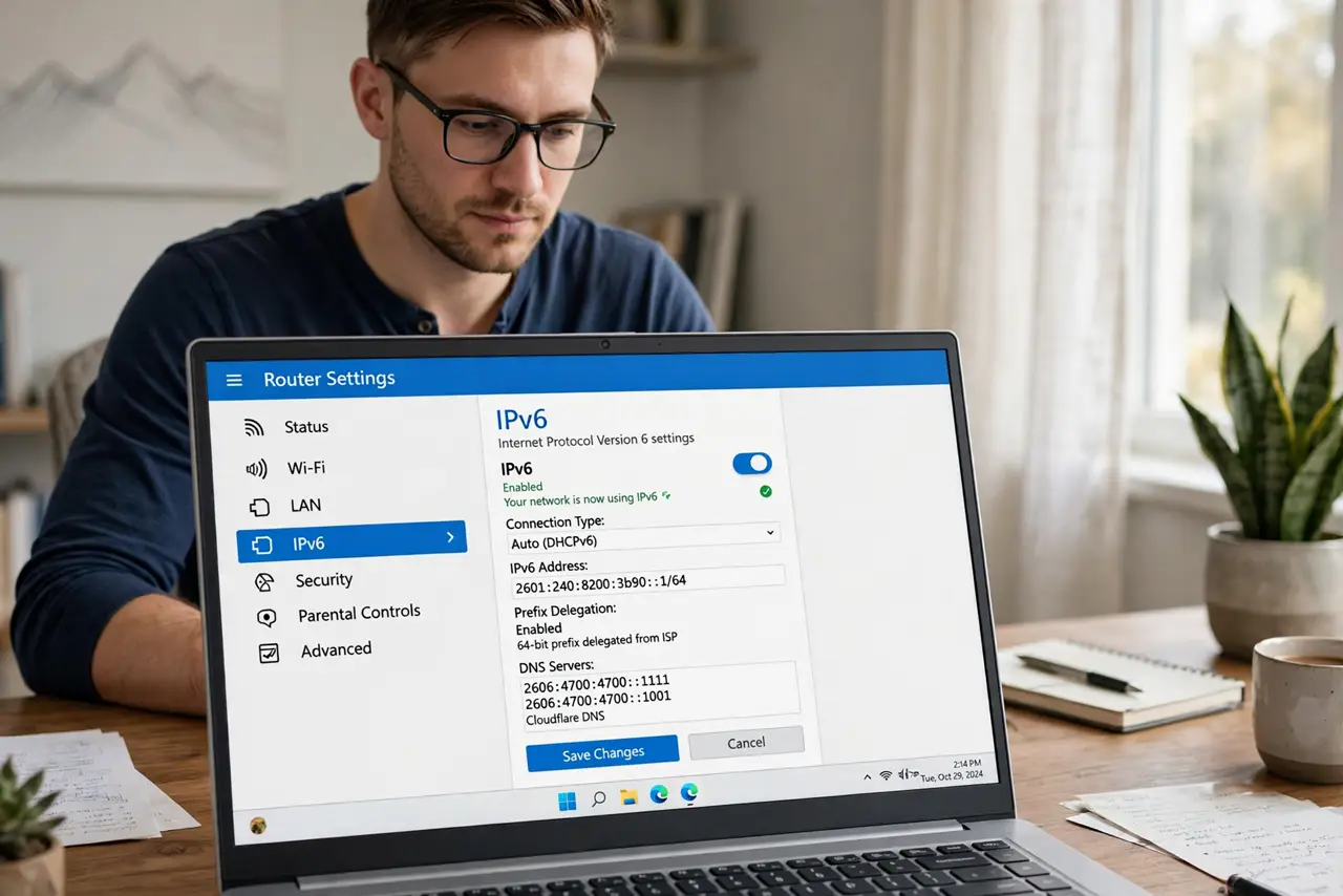 A person at a real laptop showing router settings with a legible IPv6 toggle, the person's face thoughtful but not worried, home office.