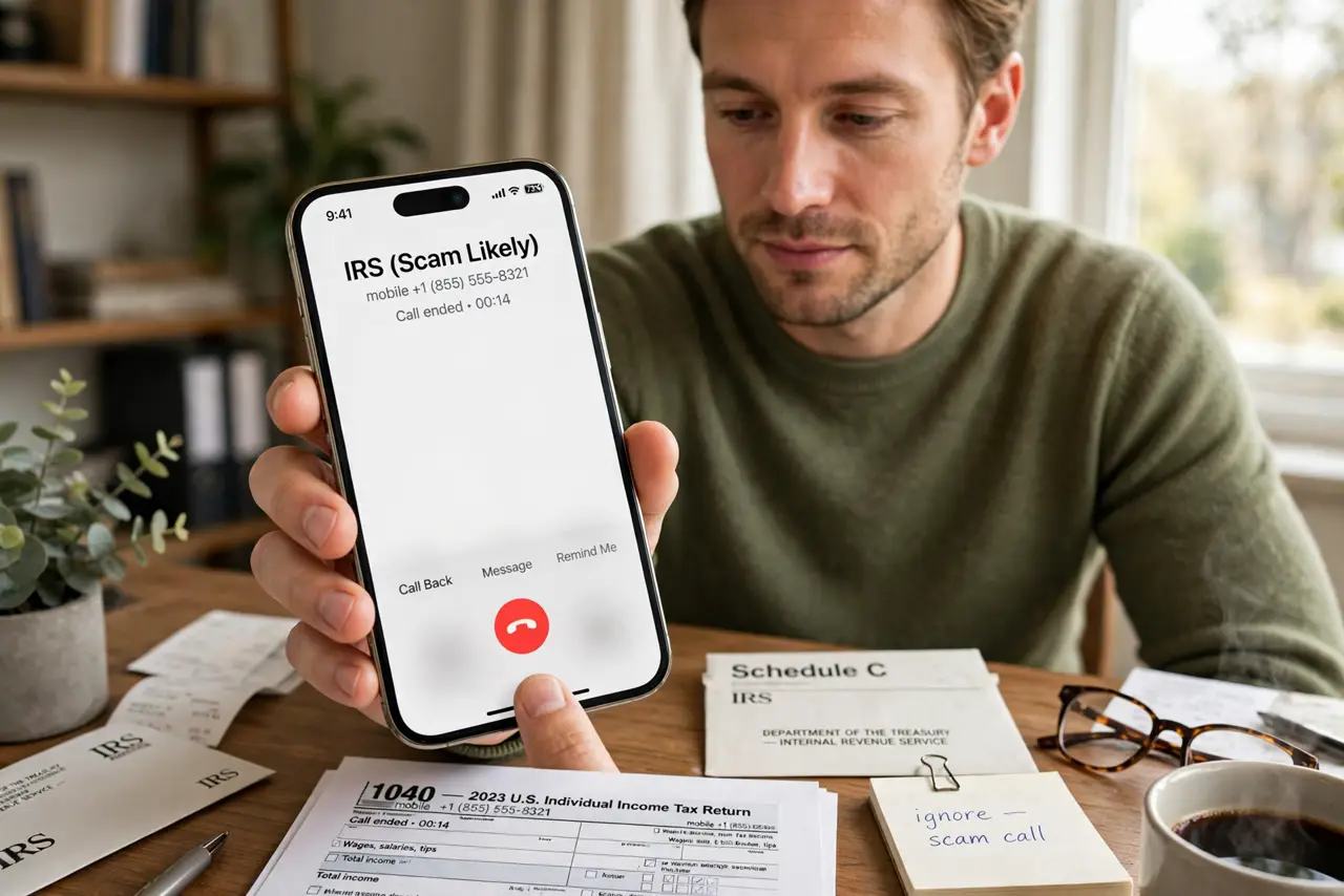 A person performing the first step: Hang up on IRS threats. The arrest threat, the badge number, the callback deadline — all scripted. The IRS doesn't.