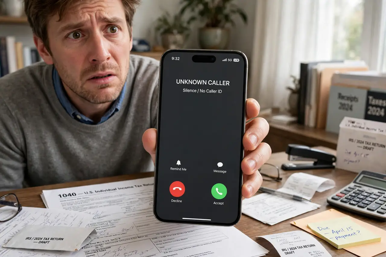 An anxious taxpayer holding a real phone showing an unknown caller fully legible, tax papers on the table, the person's face worried, home office.