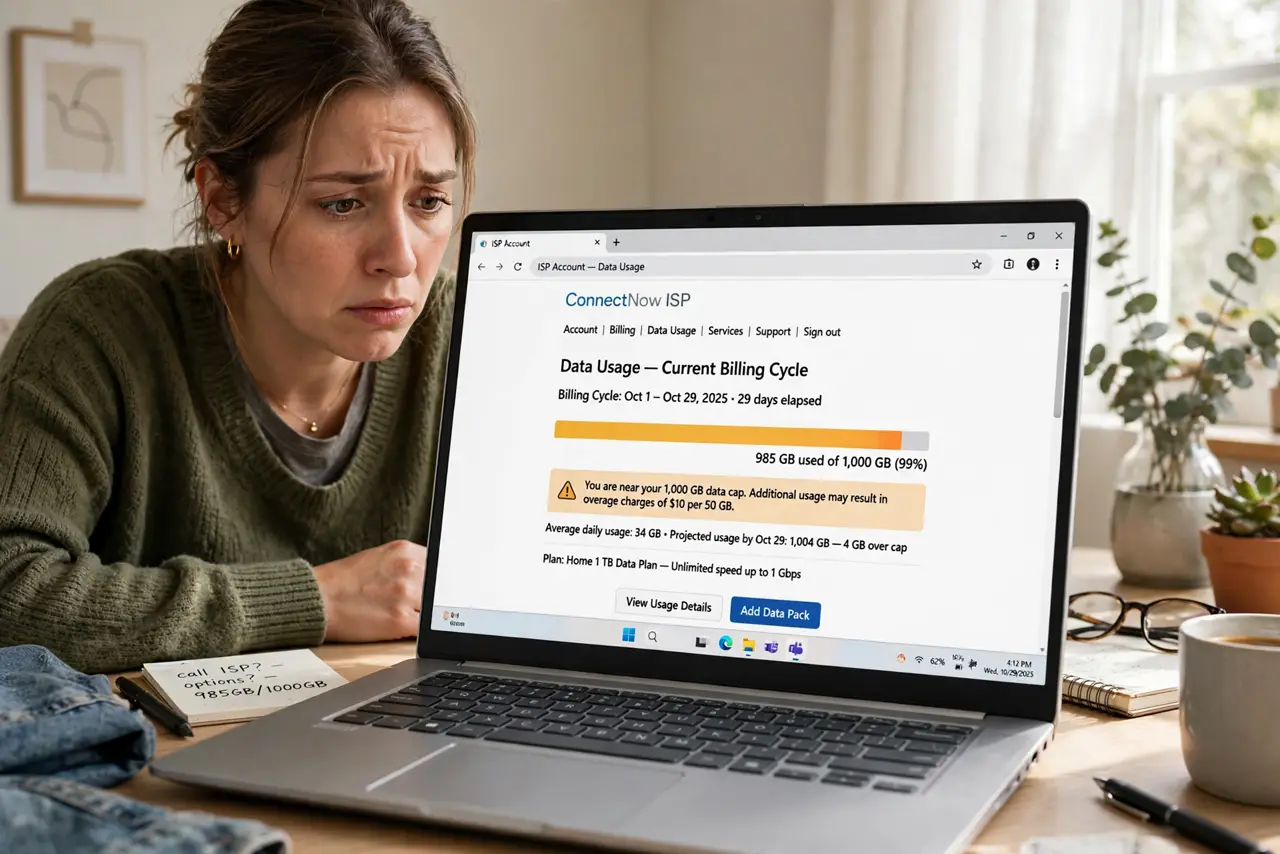a person looking at a real ISP account page on a laptop showing a legible data usage meter near the cap, the person's face worried, home office. No black screen, no blank white scr.