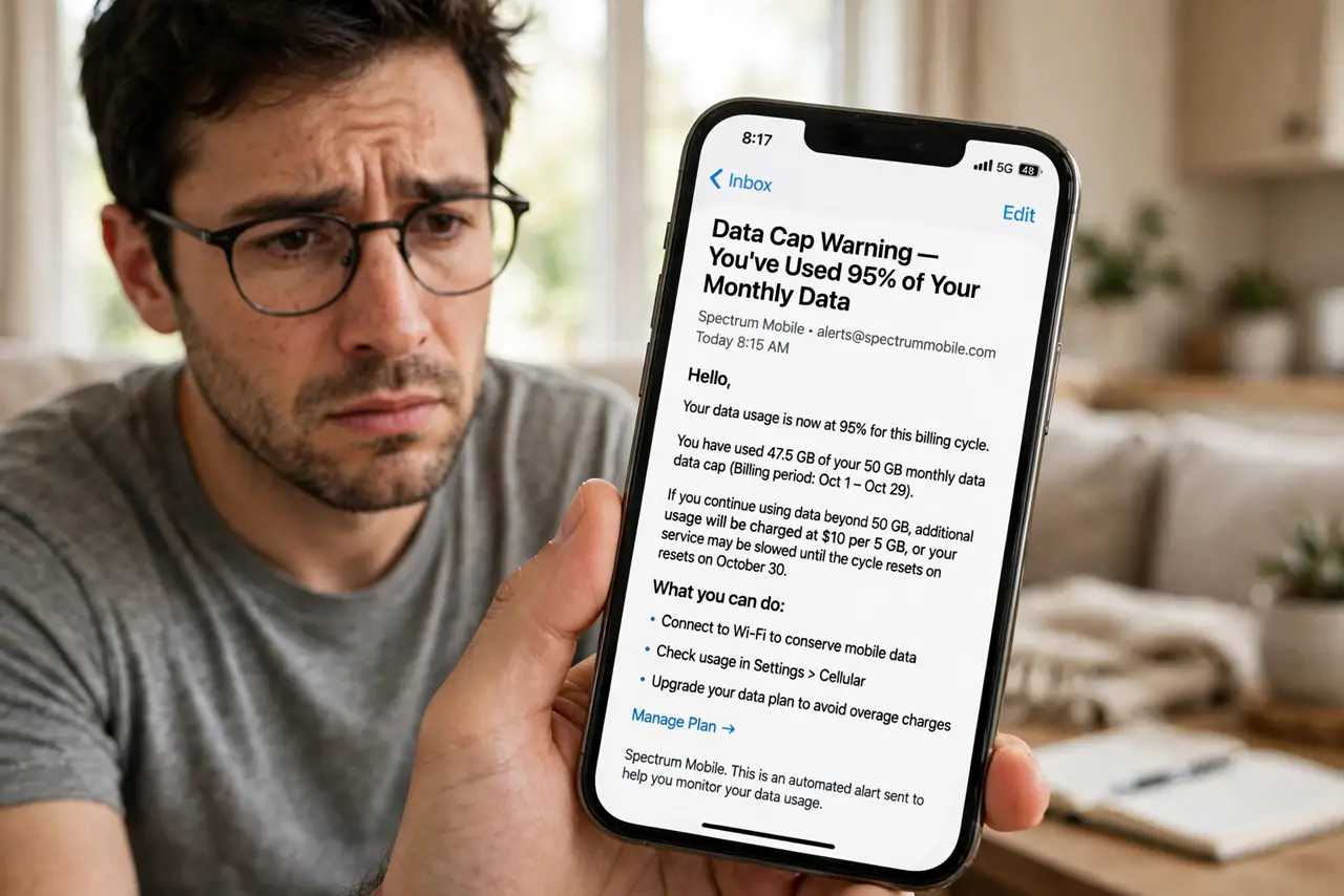 ISP Data Cap Warnings — a person reading a real phone showing a data cap warning email with legible text, the person's face concerned,