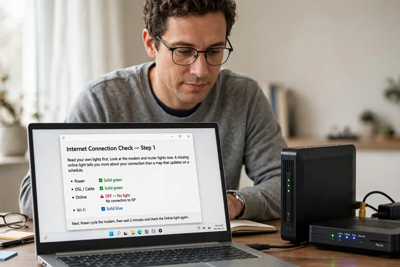 A person performing step 1 of the guide: Read your own lights first. Look at the modem and router lights now. A missing online light tells you more about your connection than a map that updates on a schedule.