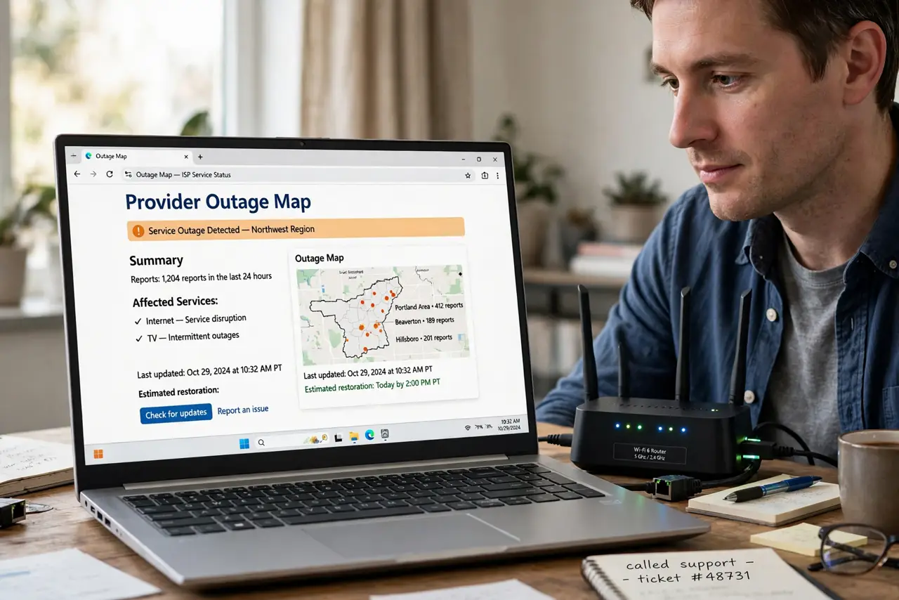 a calm adult at a desk with a real Windows laptop showing a provider outage map with fully legible text, a home router with lights visible beside the laptop. No black screen, no blank white screen, no fake or garbled ...