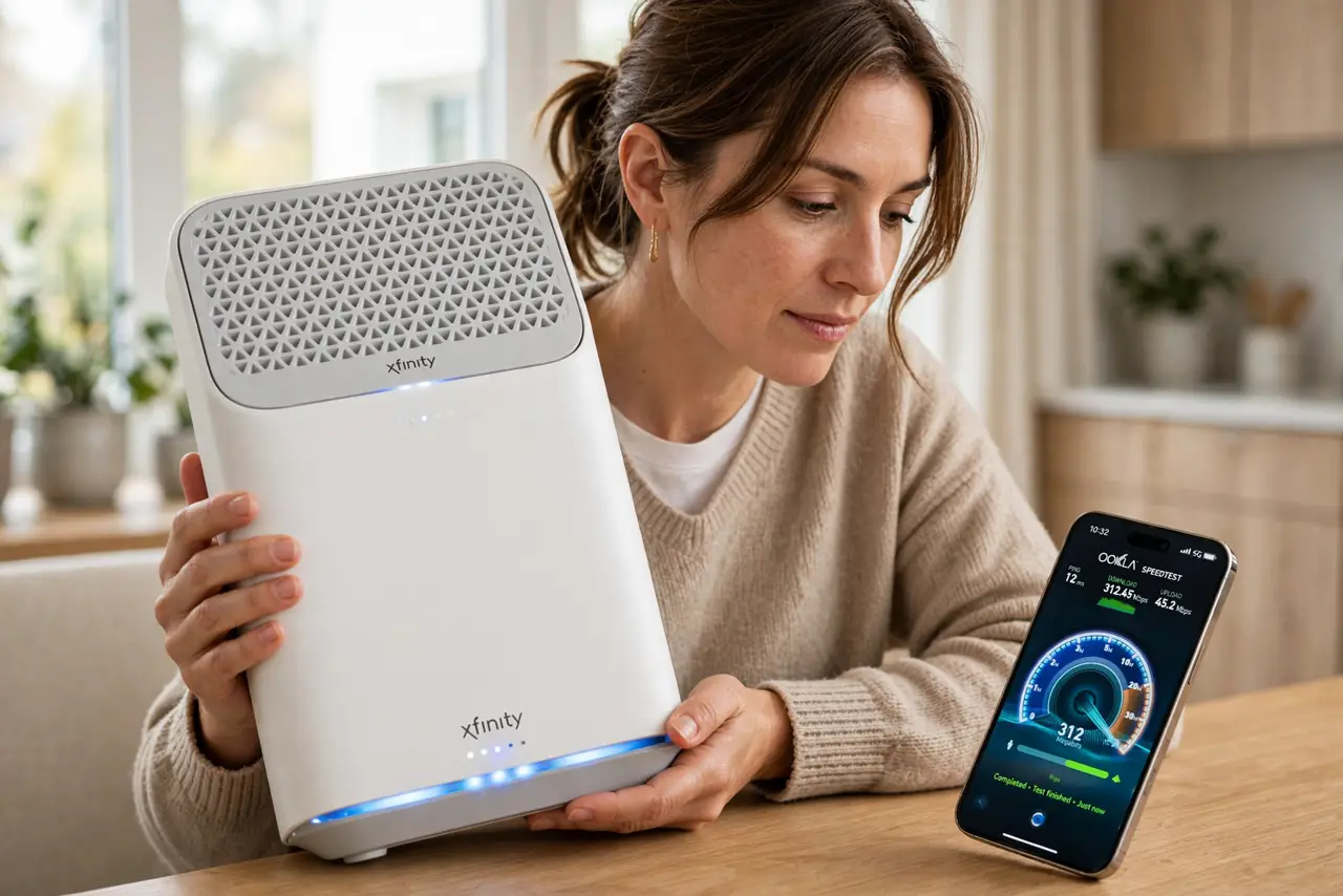 Is Your ISP's Router Good Enough — a calm adult holding a real ISP-branded router with its lights on and legible, a real phone showing a speed te