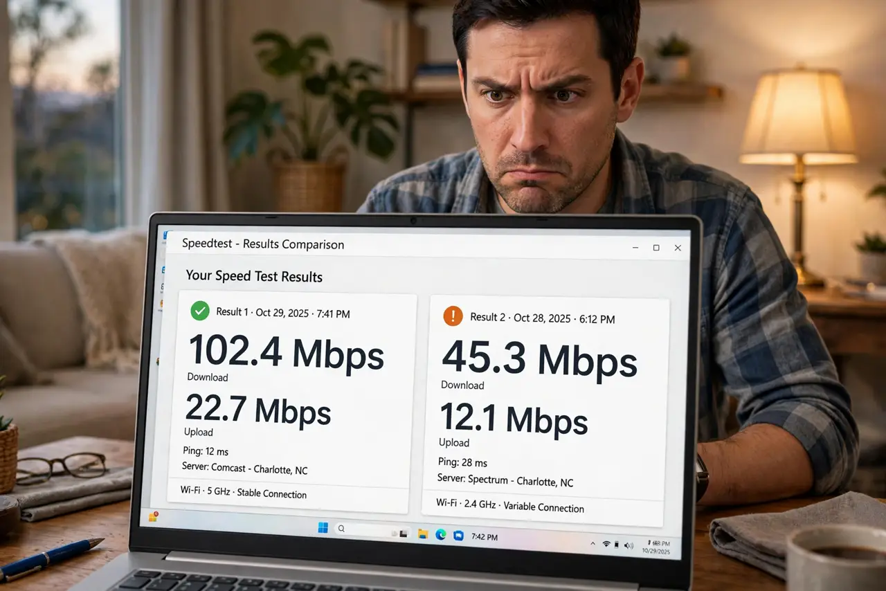 a person comparing two real speed test results on a laptop screen with legible numbers, evening lamp light, the person's face suspicious, home living room. No black screen, no blan.