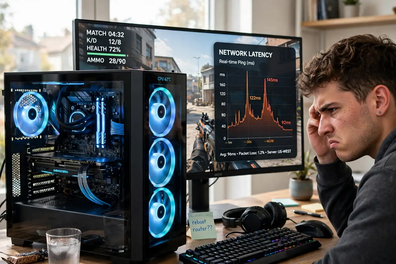 a person gaming on a real PC with a network graph overlay showing spiky latency with legible numbers, the person's face frustrated. No black screen, no blank white screen, no fake .