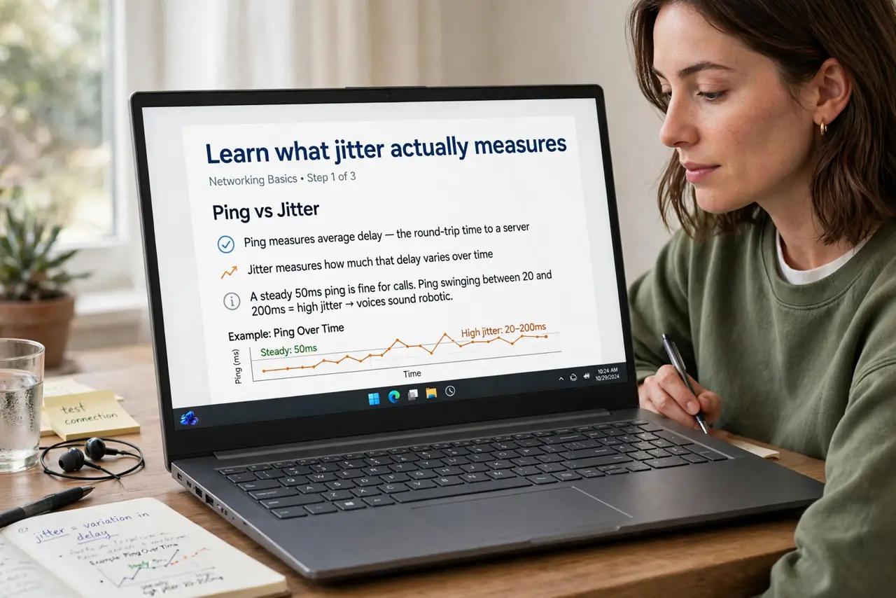 A person performing the first step of the guide: Learn what jitter actually measures. Ping measures average delay; jitter measures how much that delay varies.