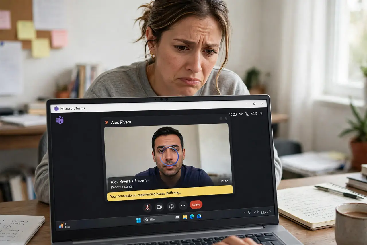 A person on a real laptop video call with the other person's face frozen mid-frame and a buffering icon, the person looking frustrated at the screen.