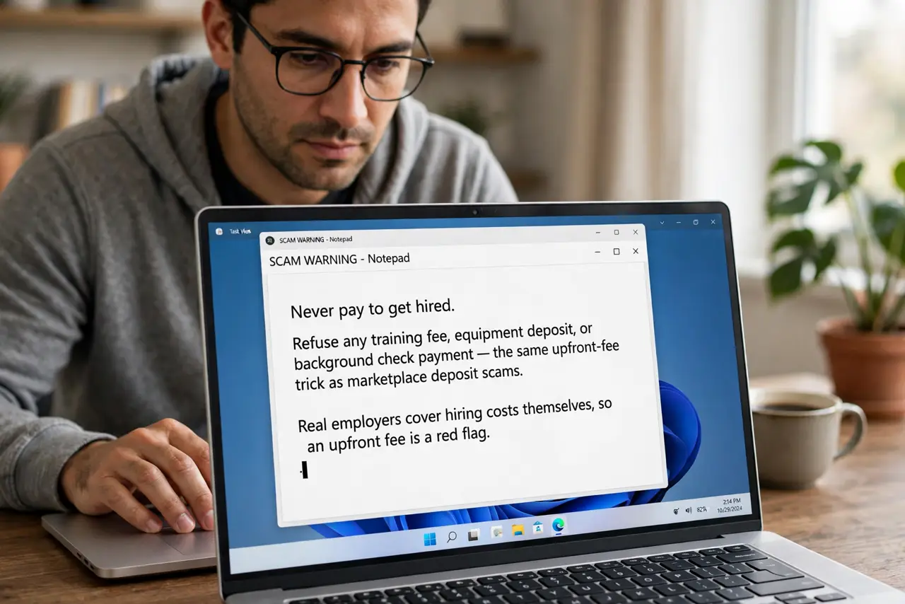 A person performing step 1 of the guide: Never pay to get hired. Refuse any training fee, equipment deposit, or background check payment — the same upfront-fee trick as...