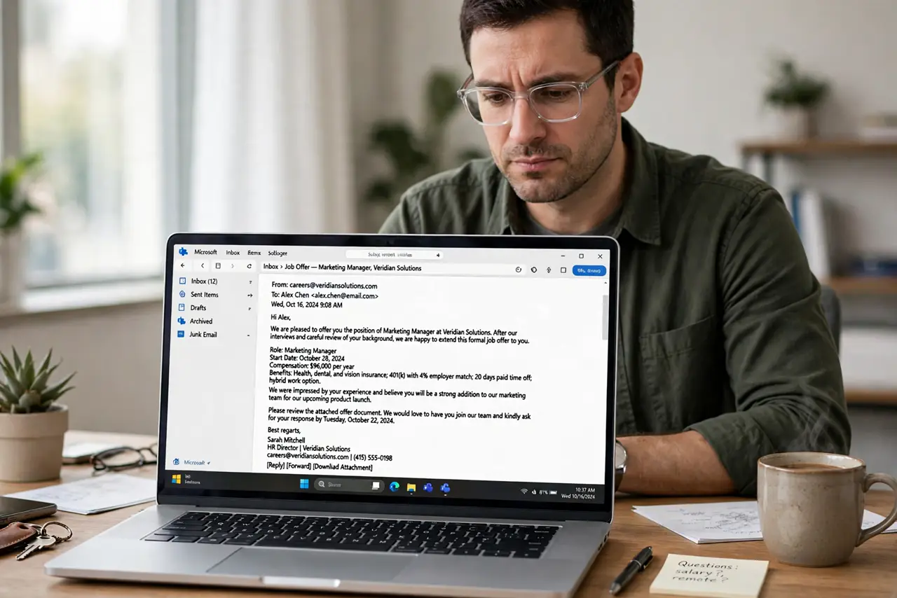 a calm adult at a desk with a real laptop, the screen showing a normal job offer email with legible text, the person reading it with a skeptical expression
