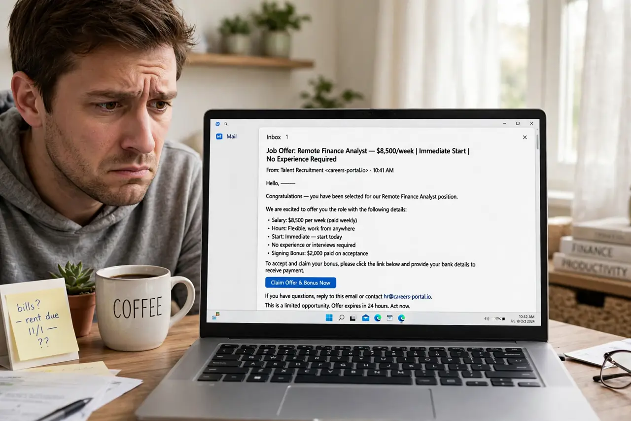 Photoreal photo: a person at a real laptop looking skeptically at a legible too-good-to-be-true job offer message on screen, the person's face wary, bright home office. No black screen, no blank white screen, no fa...
