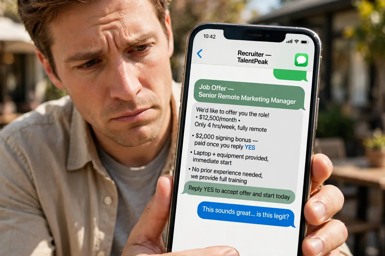Too-Good Job Offer by Text — a hopeful-then-suspicious adult reading a real phone showing a too-good job offer text, the message fully legi