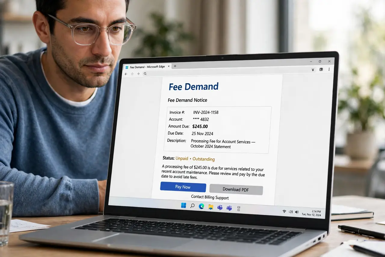 A person calmly performing the guide's first step: Spot the fee demand.