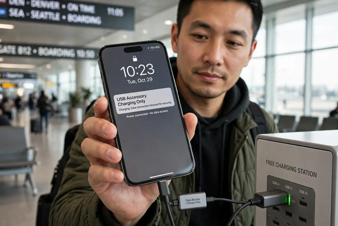 A person at an airport holding a real phone connected to a small USB data-blocker adapter plugged into a public charging station, the person's face calm and savvy,.