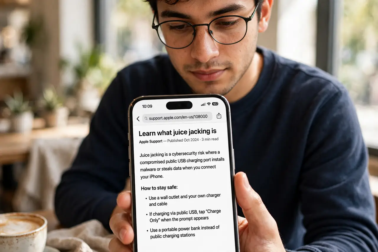 A person calmly performing the guide's first step: Learn what juice jacking is.