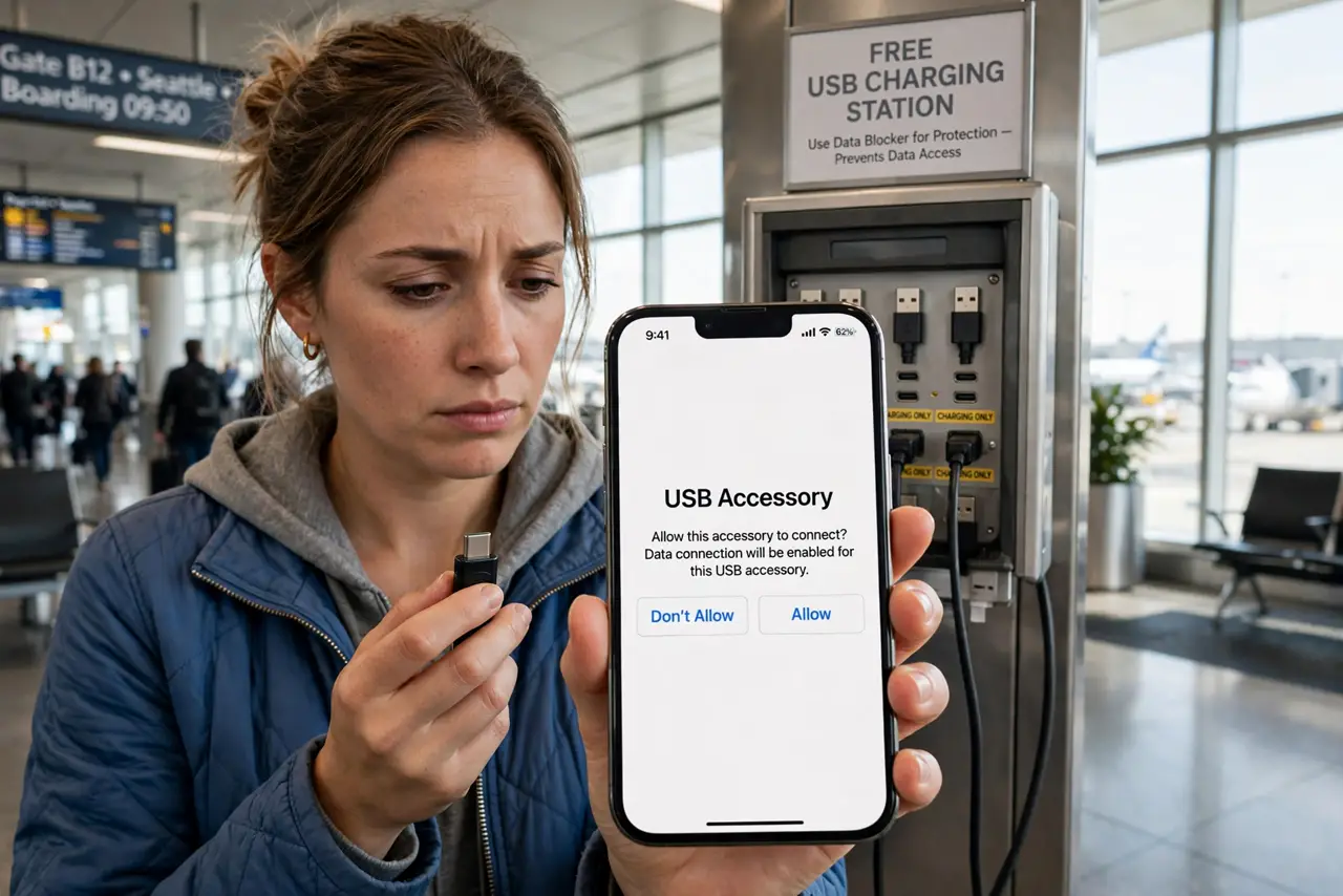 a person hesitating before a real public USB charging station at an airport, holding a phone and a small USB data blocker, the person's face cautious, bright terminal. No black scr.