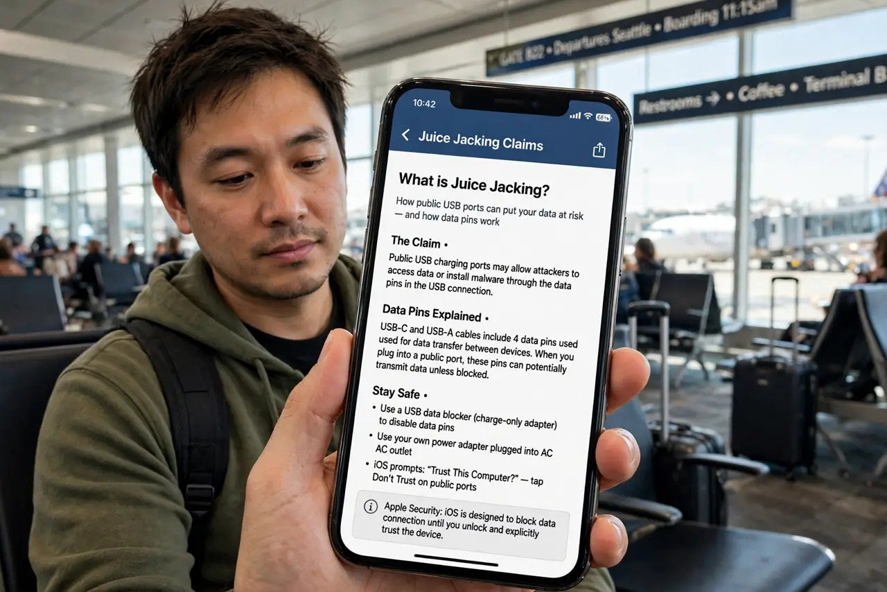 Photoreal photo of a person performing the first step: Learn what juice jacking claims. The claim: a compromised public USB port uses the data pins...