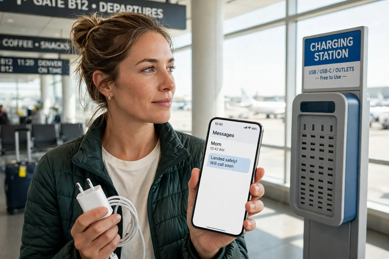 Photoreal photo: a person at an airport looking at a public USB charging station with a thoughtful expression, holding their own wall charger and cable instead, phone in hand, bright terminal. No black screen, no b...
