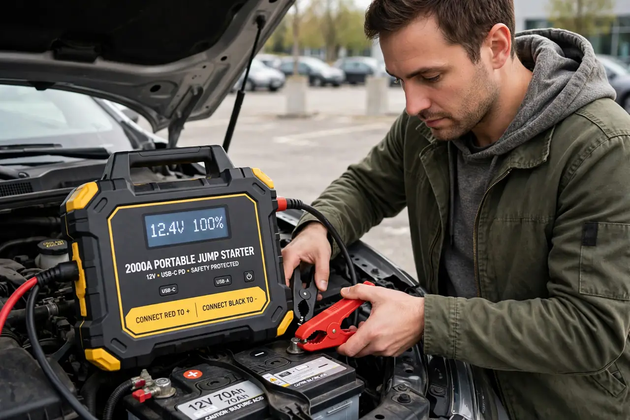 a person connecting a real portable jump starter with red and black clamps to a real car battery with the hood open, the person's face careful and focused, d...