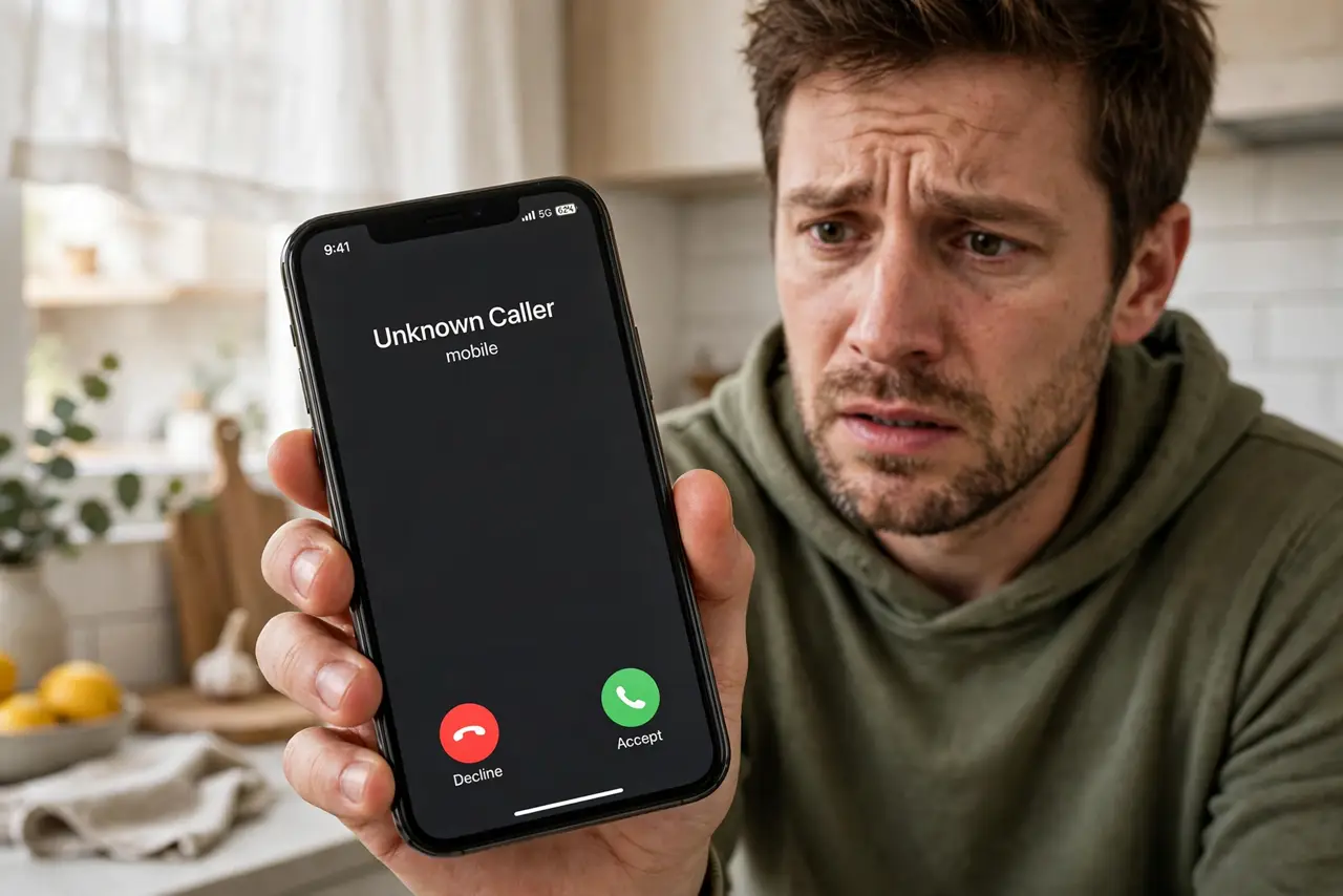 A nervous adult holding a real phone showing an unknown caller fully legible, the person's face anxious, kitchen.