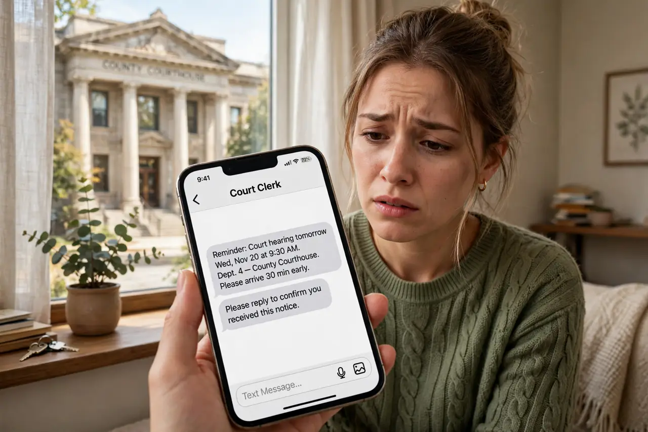 a person holding a real phone with a worried expression, a real courthouse building visible through a window, the person's face anxious, home setting. No black screen, no blank whi.