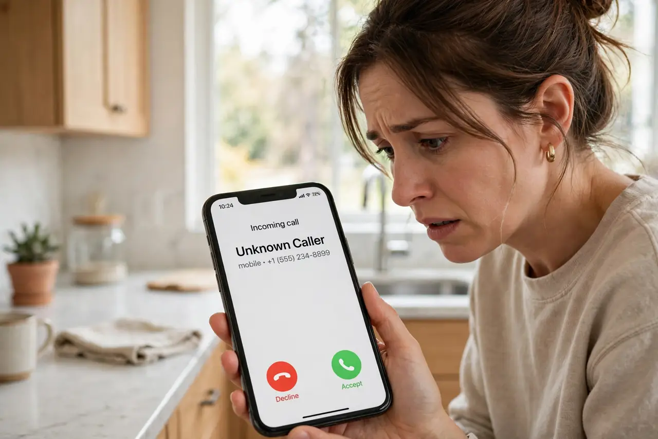 A person looking alarmed at a real phone showing an incoming call from an unknown number, the person's face worried, kitchen, daylight.