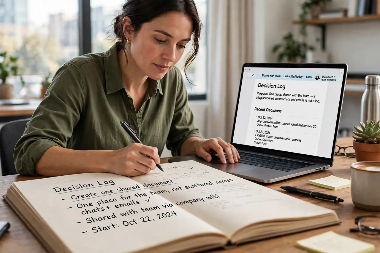 A person performing step 1: Create one shared document. A simple doc or wiki page titled Decision Log. One place, shared with the team — a.