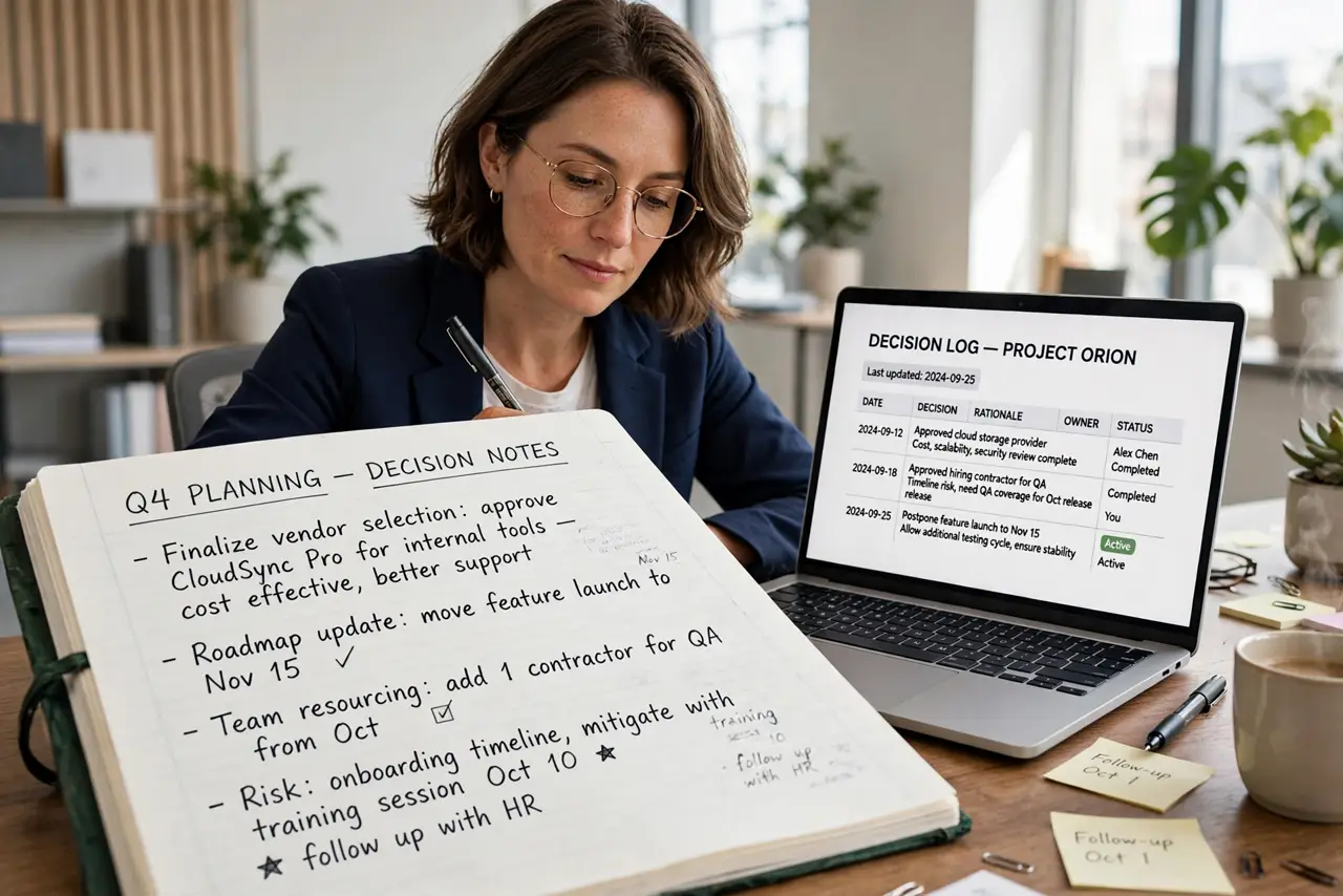 A person writing in a real notebook beside a real laptop showing a legible decision log document with dated entries, the person's face confident and organized, bright office.