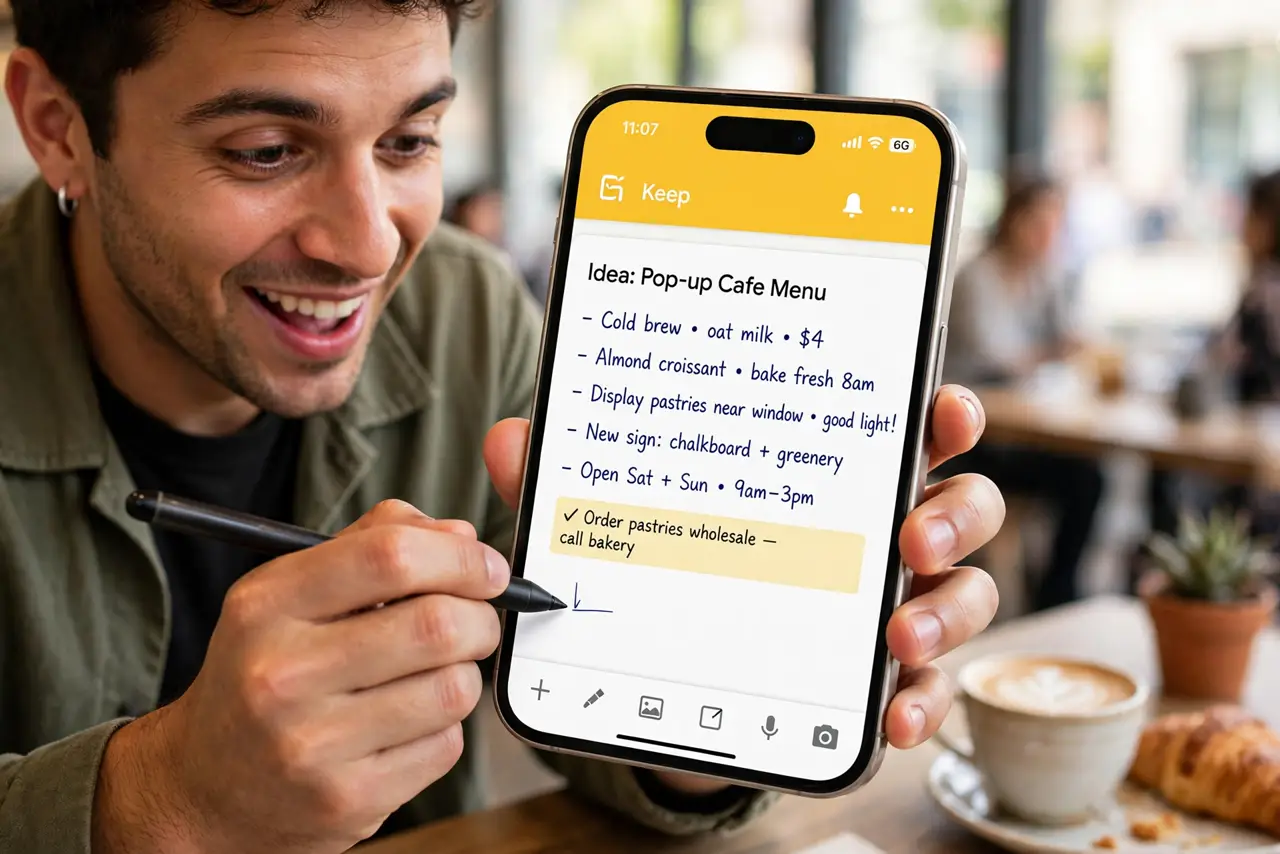 a person jotting a quick note on a real phone showing the Google Keep app with legible colorful notes, the person's face bright with an idea, cafe.