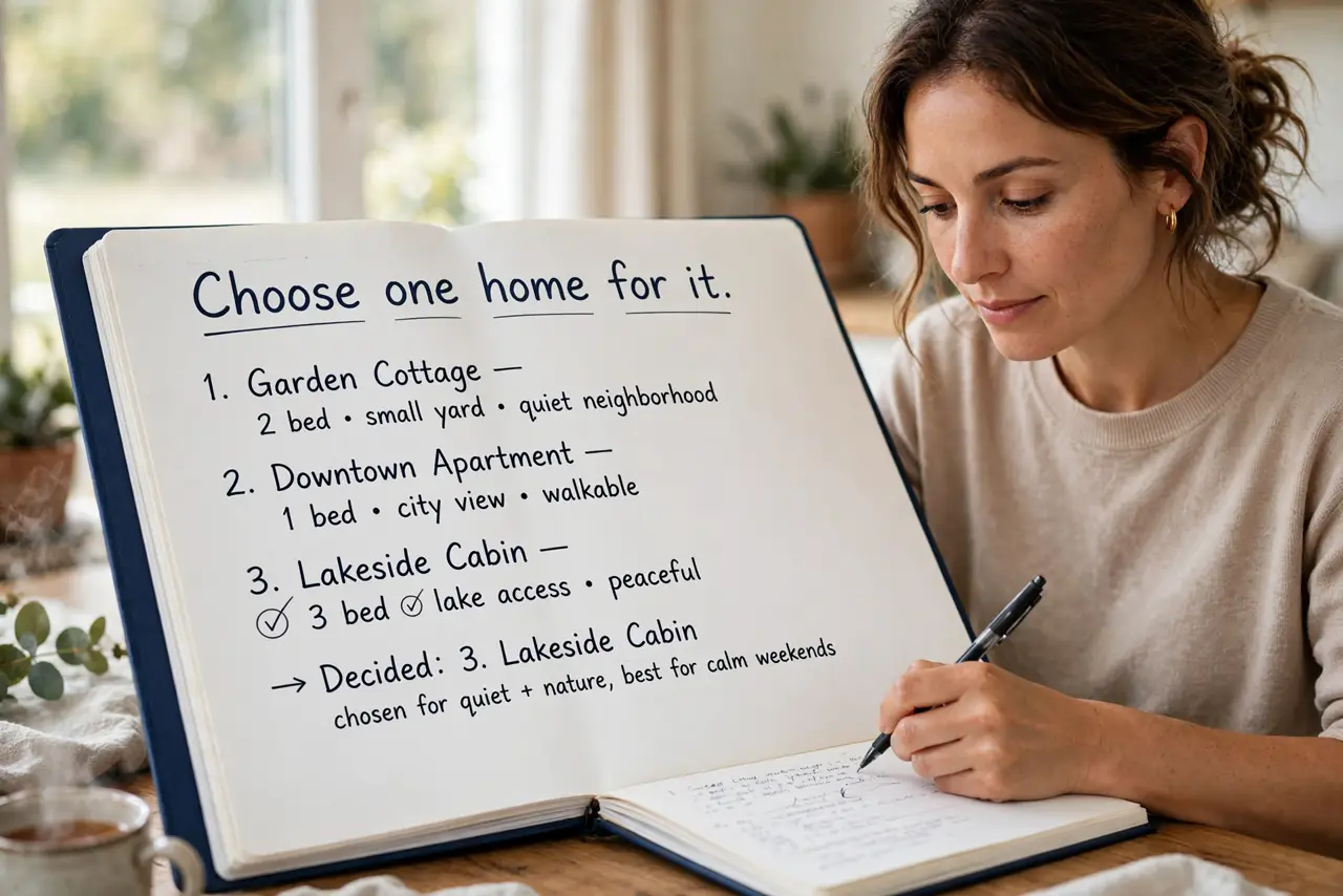 A person calmly performing the guide's first step: Choose one home for it.