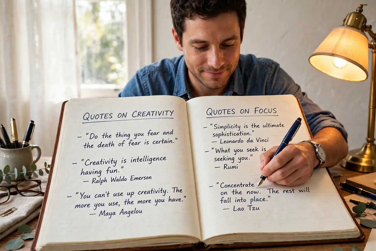 a person writing in a real notebook with a fountain pen, pages showing legible copied quotes organized under headings, the person's face content, warm desk lamp. No black screen, n.