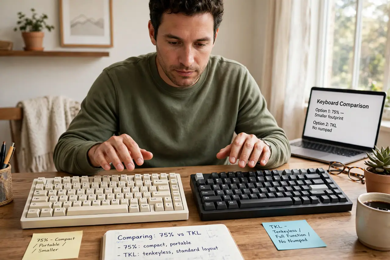 a person at a desk comparing two real mechanical keyboards side by side — a compact 75% and a TKL — both with legible keycaps, the person's hands hovering, the face thoughtful, bright home office.