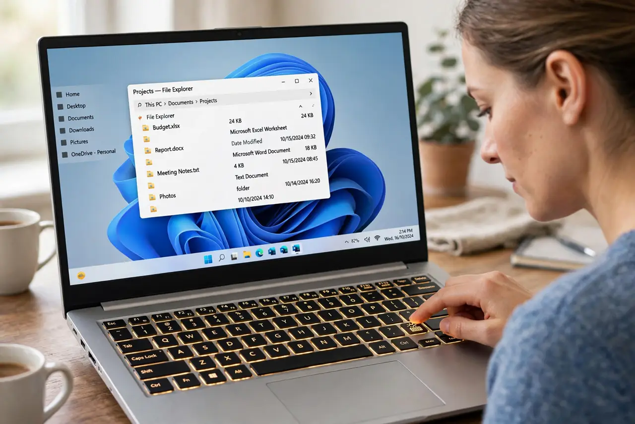 A focused woman pressing the keyboard backlight key on her Windows laptop.