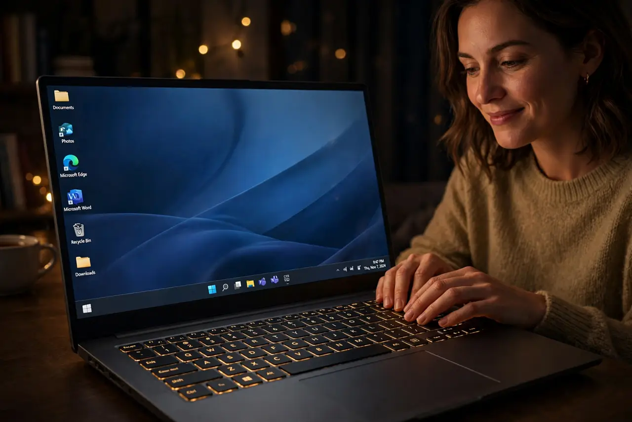 A relaxed woman typing on a Windows laptop in a dim room with the keyboard backlight glowing.