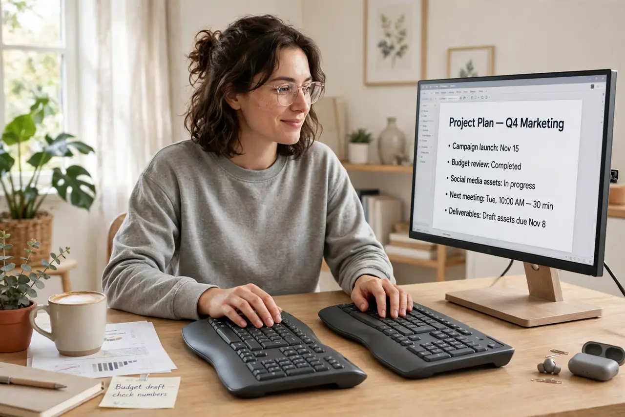 a person typing on a real split ergonomic keyboard at a desk, the two halves angled outward, wrists straight and relaxed, the screen showing a legible document, the person's face comfortable, bright home office.