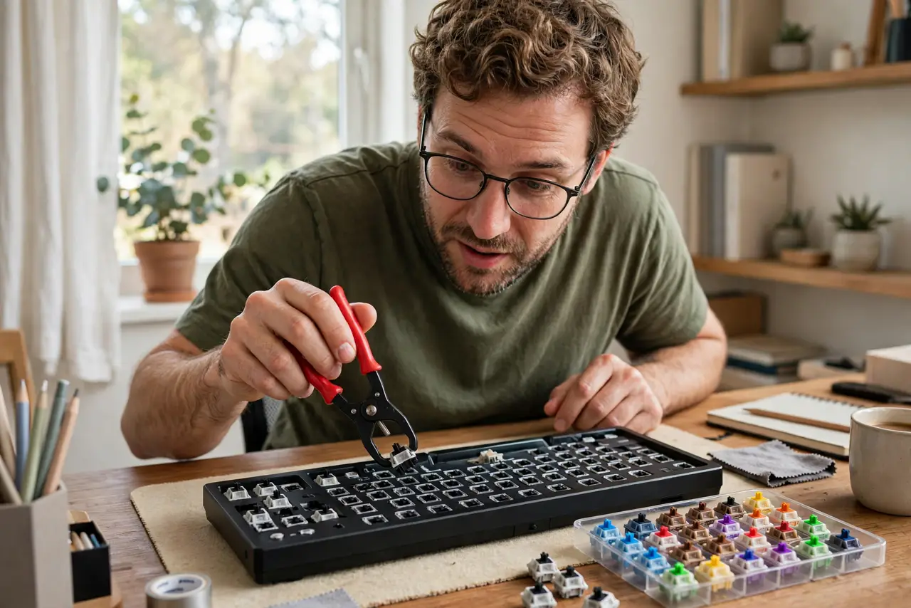 a person at a desk pulling a real mechanical switch from a real hot-swap keyboard with a switch puller tool, a small tray of colorful switches beside it, the person's face curious, bright home office.
