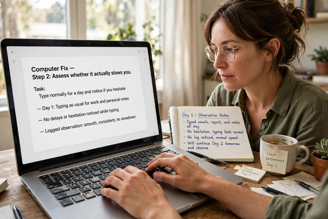A person performing step 1 of the guide: Assess whether it actually slows you. Type normally for a day and notice if you hesitate. Touch typists rarely need legends at all, in...