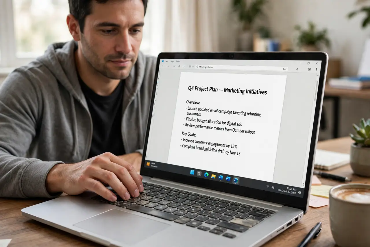 a calm adult typing on a real keyboard with visibly worn key legends on common keys, the screen showing a normal document with legible text, the person typing confidently