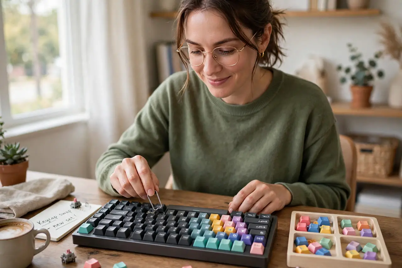 a person at a desk replacing keycaps on a real mechanical keyboard, a keycap puller in hand and colorful new keycaps in a tray beside it, the keyboard legends crisp and legible, the person's face pleased, bright home ...