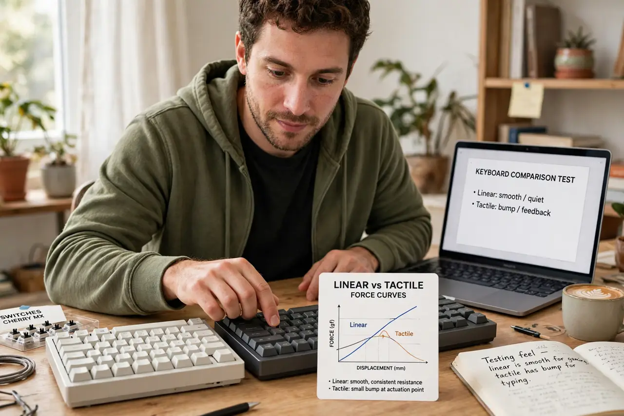 a person at a desk pressing keys on two real mechanical keyboards side by side, a small diagram card showing linear vs tactile force curves legible beside them, the person's face curious, bright home office.