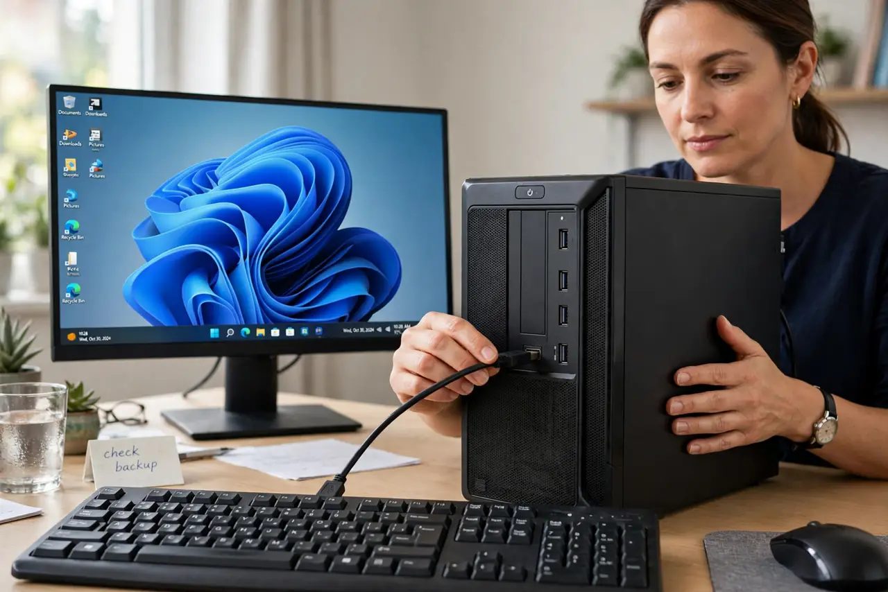 Calm adult firmly plugging a USB keyboard cable back into a desktop computer to reseat the connection