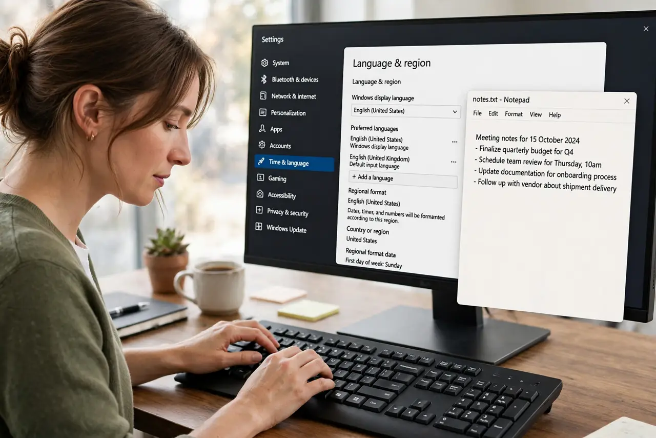 Calm adult typing on a Windows keyboard with Language and region settings and Notepad visible on the monitor