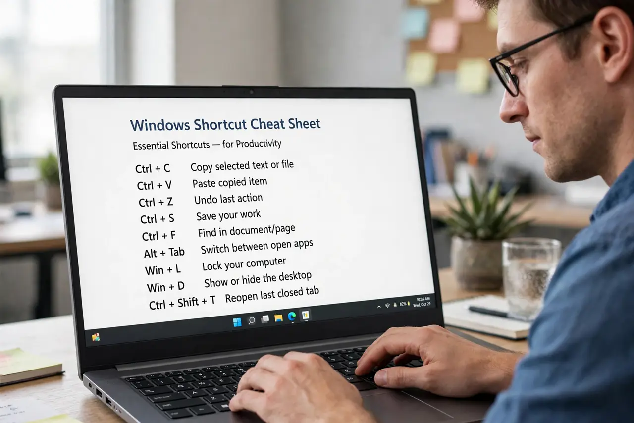 a person typing on a real laptop keyboard with a shortcut cheat sheet visible on screen with legible text, the person's face focused, office.