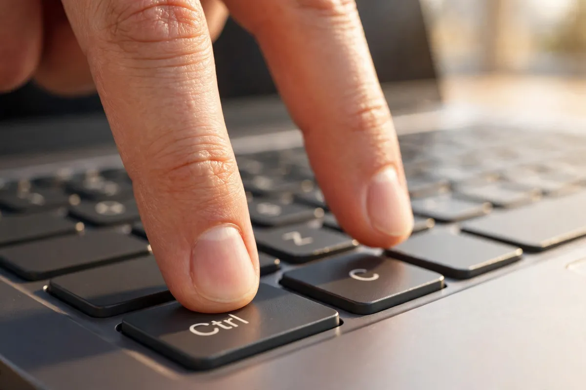 A close-up of fingers pressing the Ctrl and C keys on a laptop keyboard to copy.